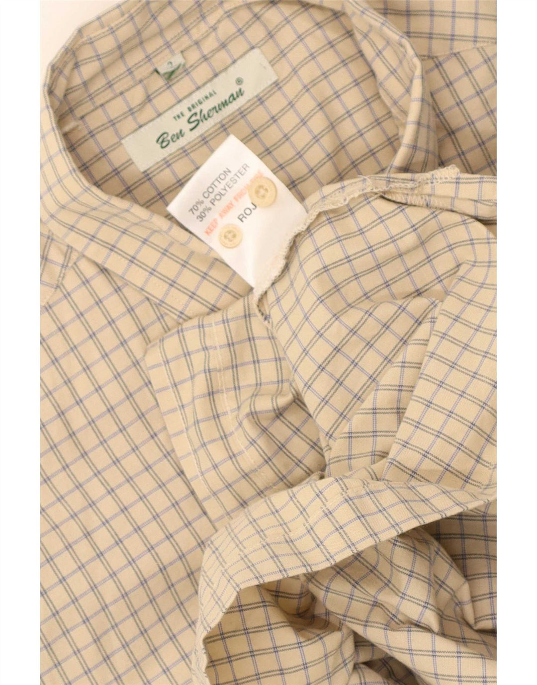 Ben Sherman Mens Short Sleeve Shirt Medium Beige Gingham Cotton