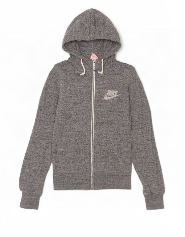 Nike Womens Zip Hoodie Sweater UK 6 XS Grey Flecked Cotton