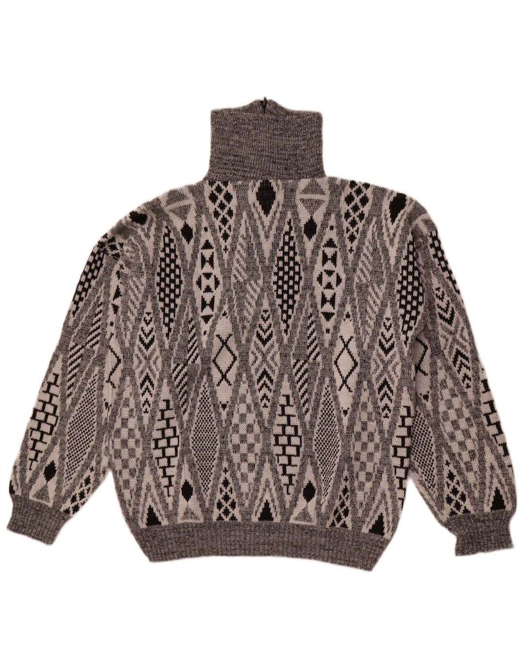 Vintage Mens Zip Neck Jumper Sweater Large Grey Geometric Acrylic