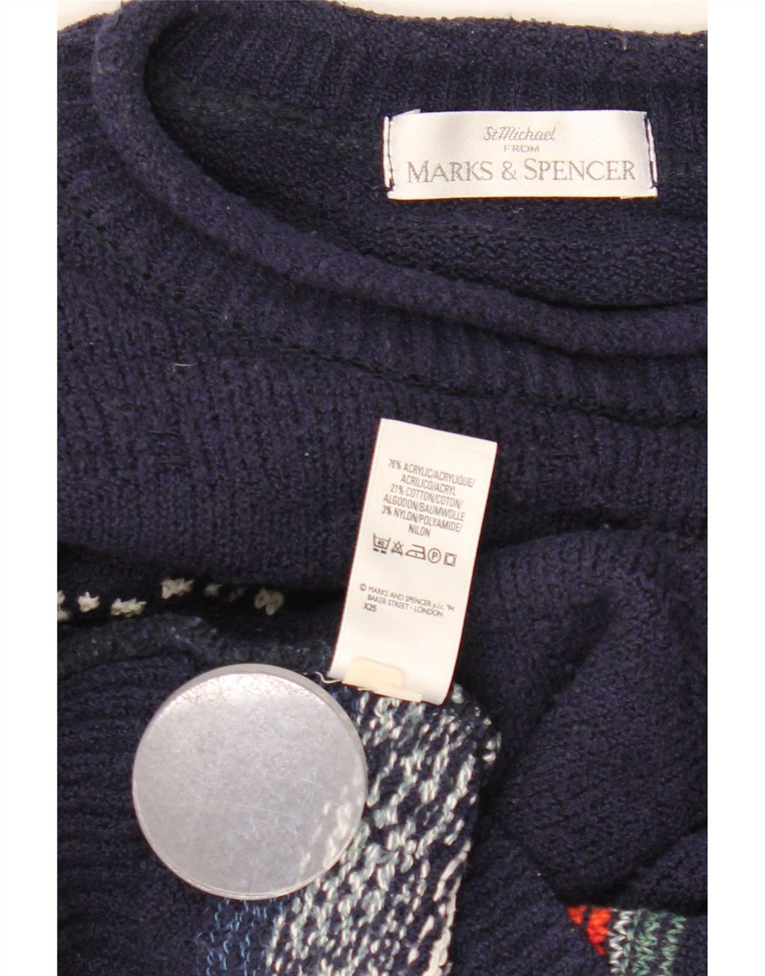 Marks & Spencer Mens Crew Neck Jumper Sweater Large Navy Blue Fair Isle