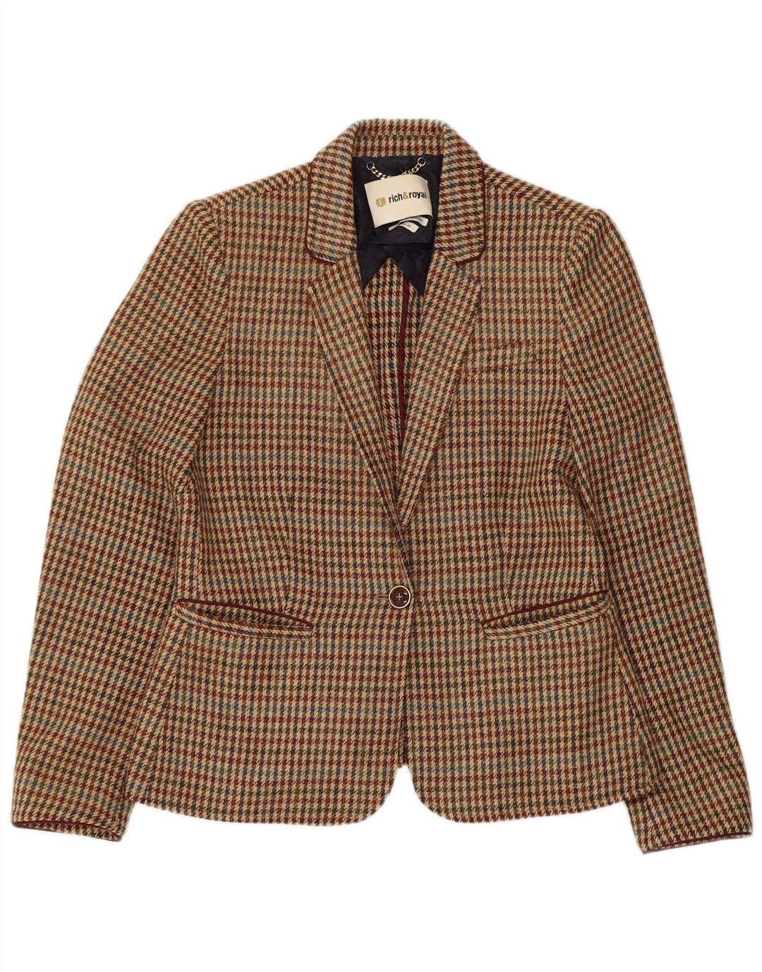 RICH & ROYAL Womens 1 Button Blazer Jacket EU 38 Medium Brown Houndstooth