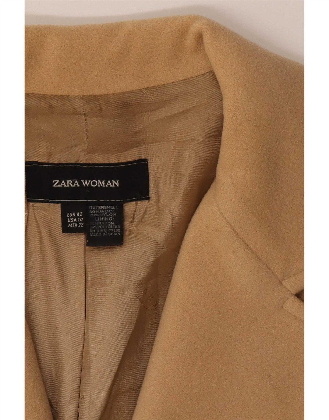 Zara Dame Overfrakke EU 42 Stor Beige Uld