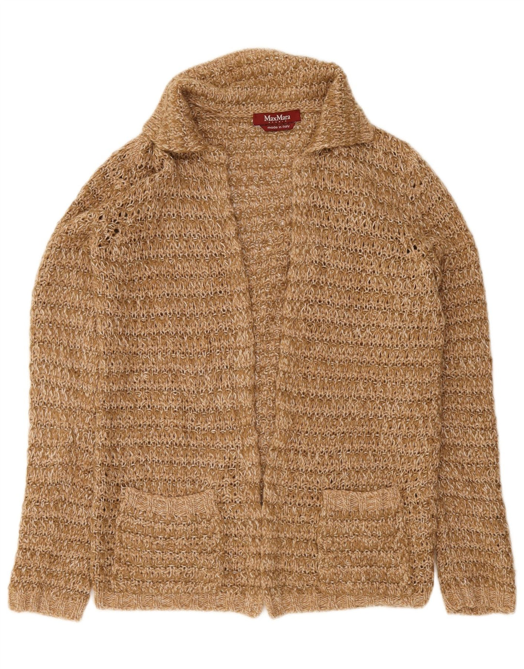Max Mara Dame Open Cardigan Sweater UK 14 Medium Brun Uld