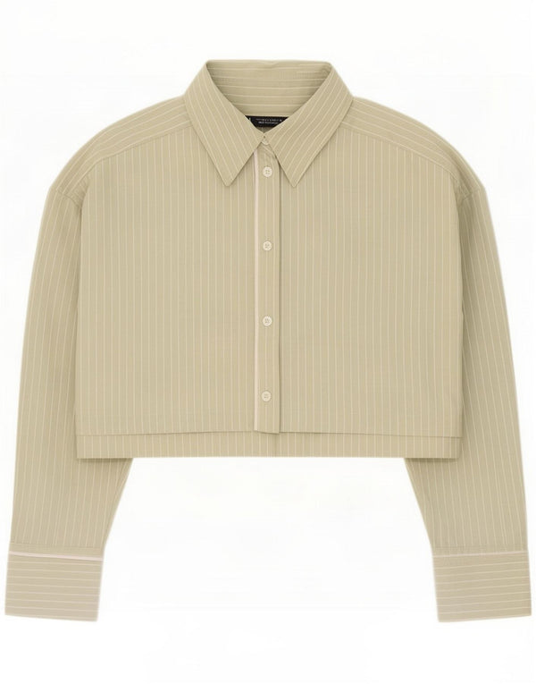 Zara Womens Crop Oversized Shirt UK 16 Large Green Striped Cotton
