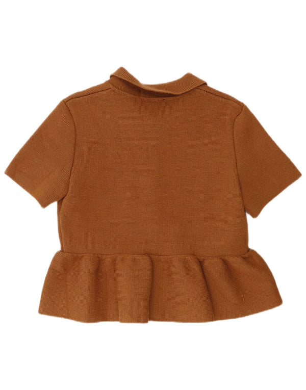 Zara Womens Short Sleeve Cardigan Top UK 14 Large Brown Cotton