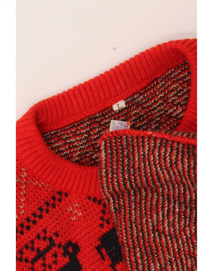 Vintage Mens Crew Neck Jumper Sweater Large Red Fair Isle Wool