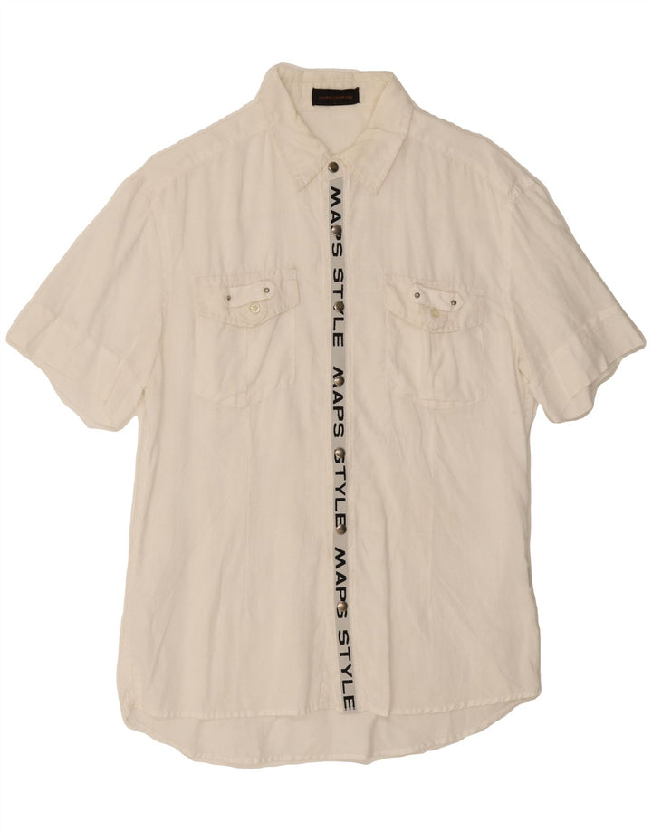 VINTAGE Mens Graphic Short Sleeve Shirt Large White Linen Vintage Vintage and Second-Hand Vintage from Messina Hembry 