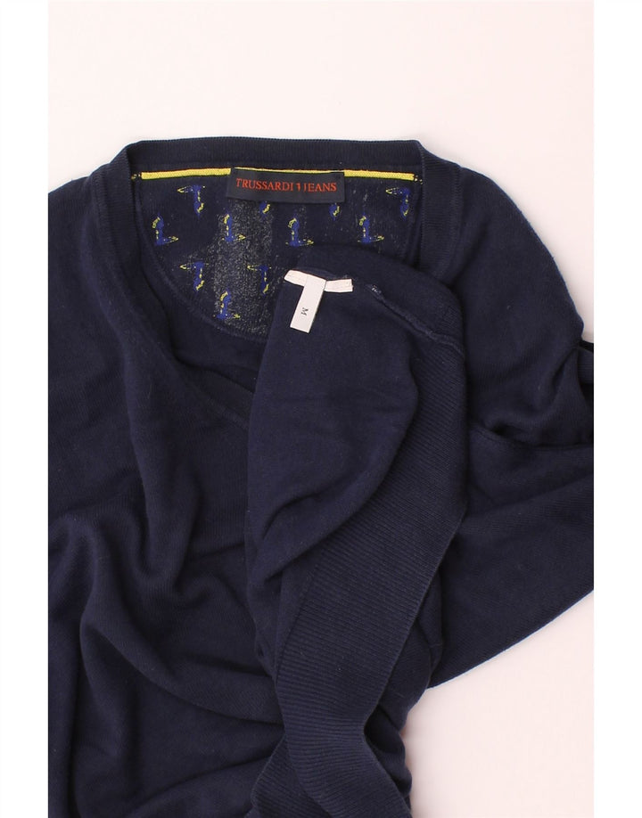 TRUSSARDI JEANS Mens V-Neck Jumper Sweater Medium Navy Blue Cotton Vintage Trussardi Jeans and Second-Hand Trussardi Jeans from Messina Hembry 