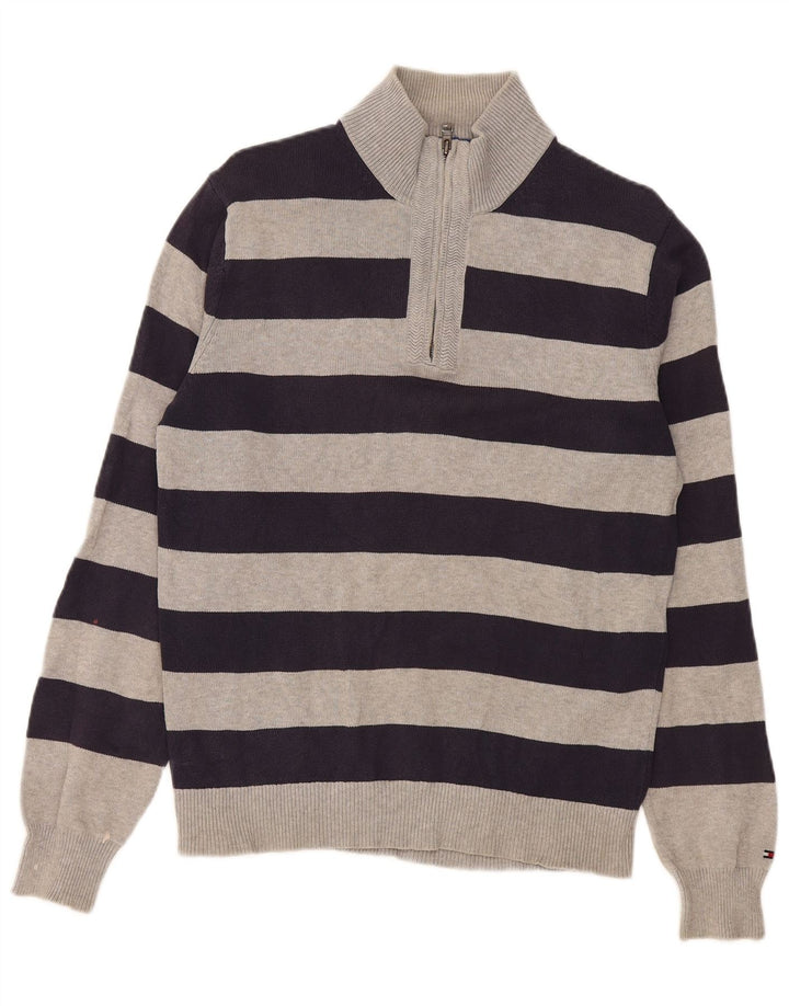 Tommy Hilfiger Herre Zip Neck Jumper Sweater Medium Grå Stribet Bomuld