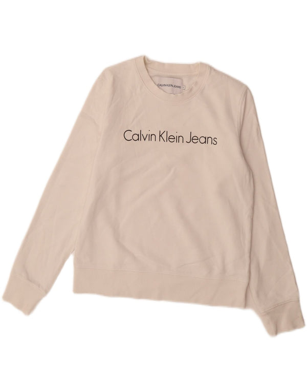 Calvin Klein Jeans Damen Grafik-Sweatshirt-Pullover UK 10 Small Weiß