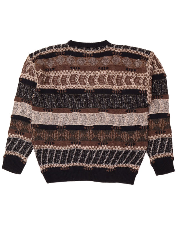 vintage Mens Crew Neck Jumper Pull 2XL Marron Rayé Acrylique