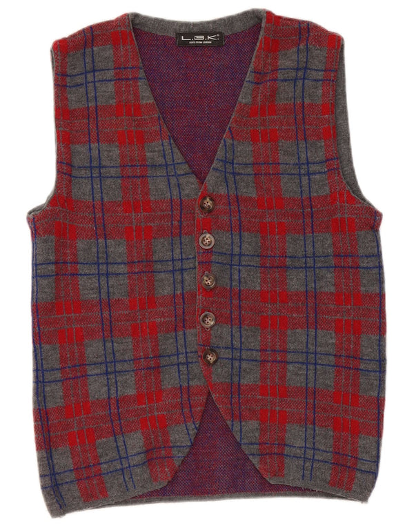 Vintage Mens Sleeveless Cardigan Sweater Small Grey Check Wool
