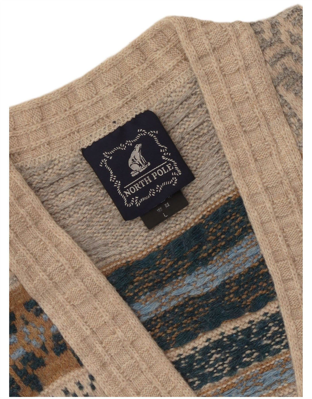North Pole Mens Cardigan Sweater Large Beige Fair Isle Wool