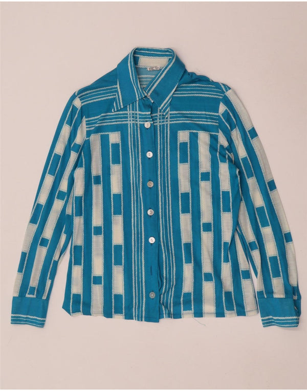 vintage Femme Chemise Blouse UK 14 Moyen Bleu Géométrique Polyacrylique