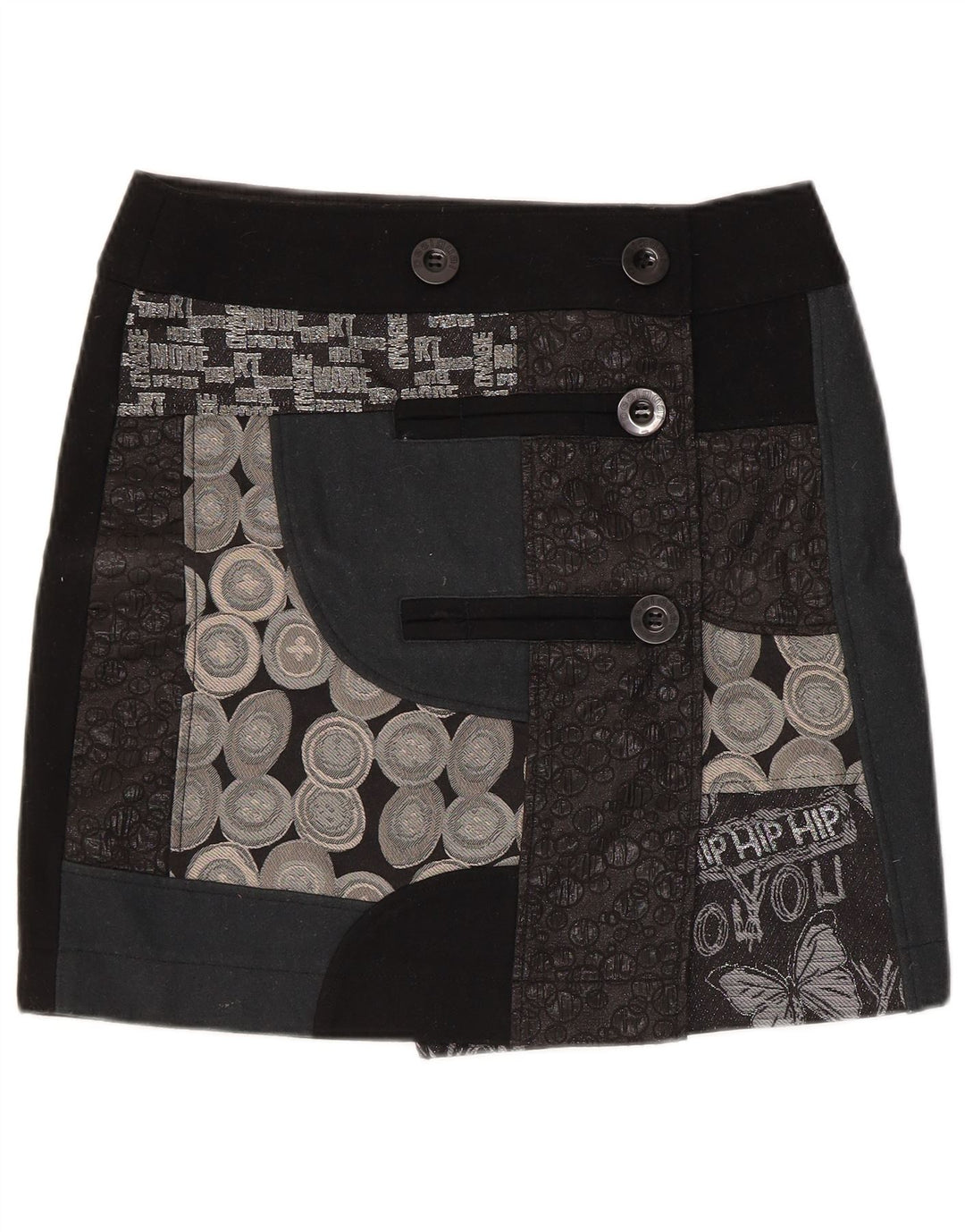 Desigual Dame Grafisk Mini Wrap Nederdel EU 38 Medium W32 Sort Patchwork