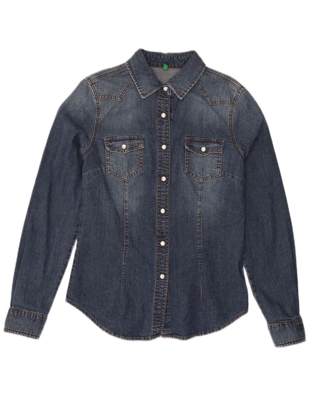 Benetton Dame grafisk denim skjorte UK 12 Medium Blue Cotton