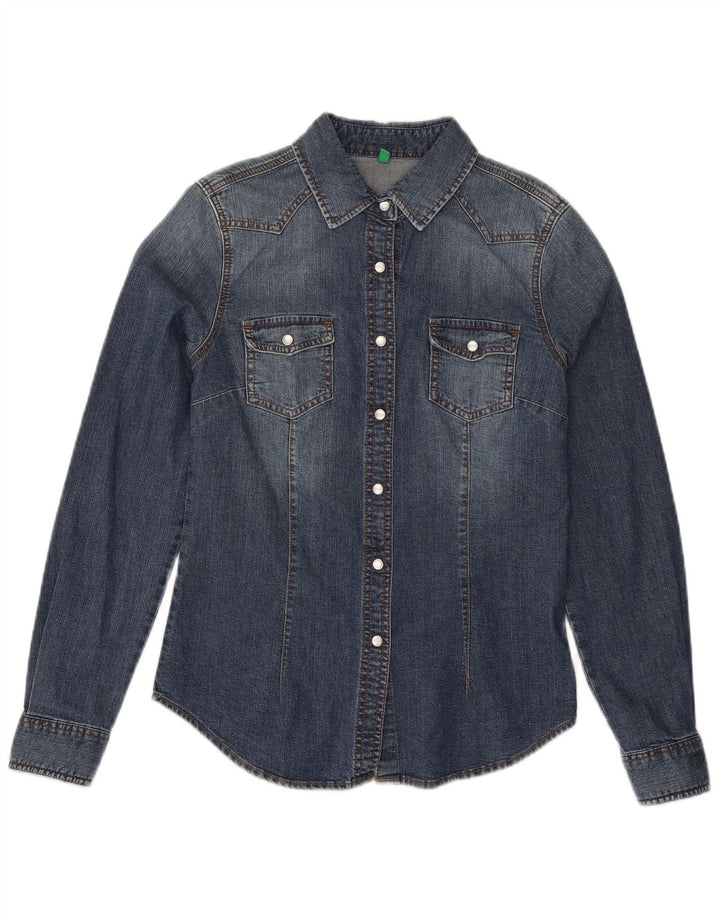 Benetton Dame grafisk denim skjorte UK 12 Medium Blue Cotton