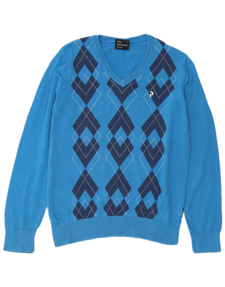 Peak Performance Mens V-Neck Jumper Sweater Medium Blue Argyle/Diamond