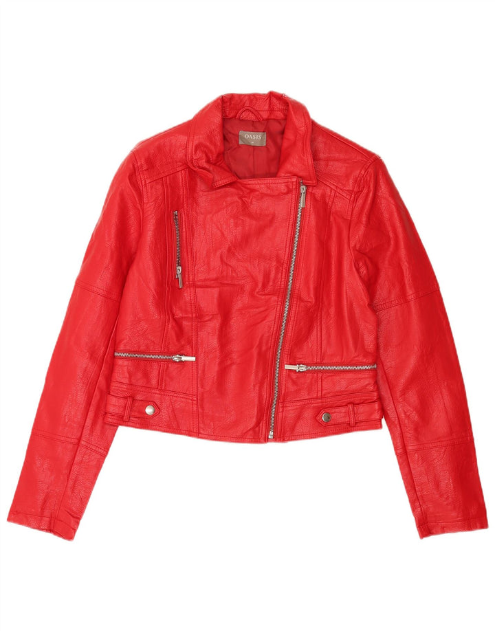 Oasis Womens Crop Faux Leather Biker Jacket UK 12 Medium Red Polyurethane