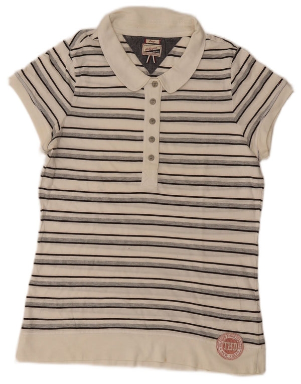 Tommy Hilfiger Damen Kurzarm-Poloshirt UK 14 Large Off White gestreift