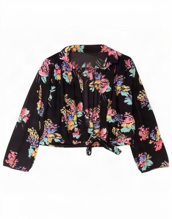 Blusa de camisa feminina vintage UK 16 grande floral preto