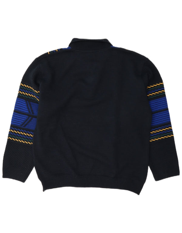vintage Mens Polo Neck Jumper Pull Moyen Bleu Marine Rayé Polyacrylique