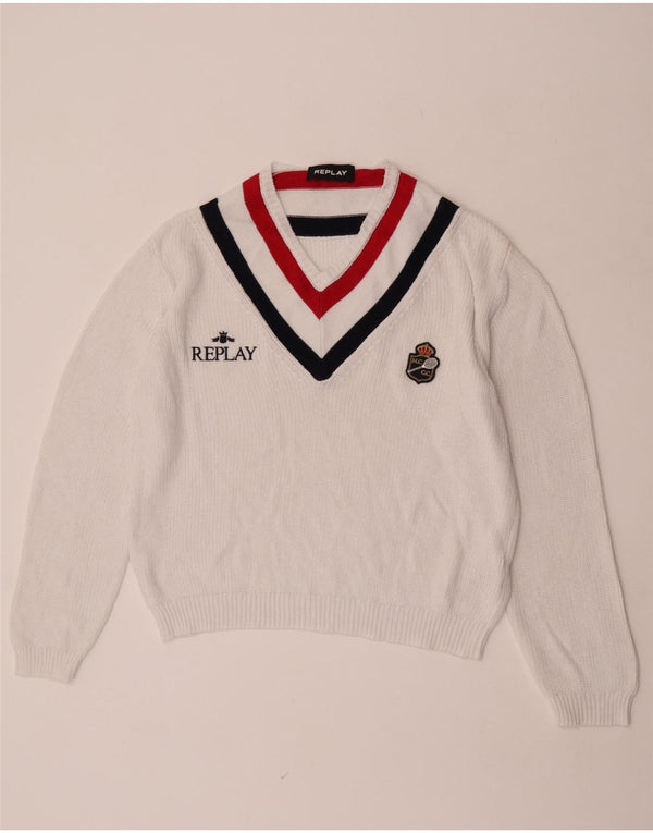 Replay Dame grafisk V-hals sweater UK 16 Large White Colourblock