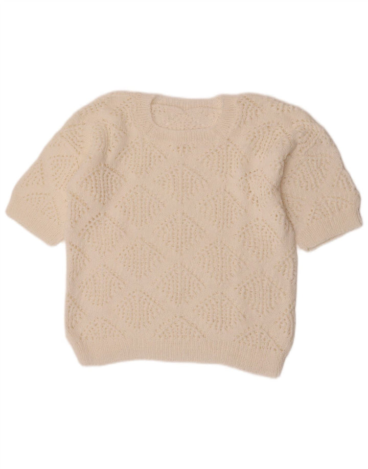 Vintage Womens Crop Crew Neck Jumper Sweater UK 14 Medium White