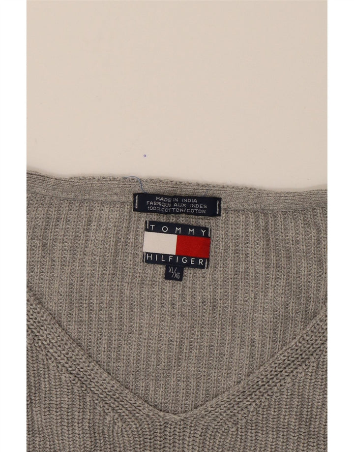 TOMMY HILFIGER Mens V-Neck Jumper Sweater XL Grey Cotton Vintage Tommy Hilfiger and Second-Hand Tommy Hilfiger from Messina Hembry 