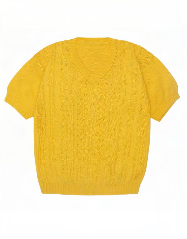 vintage Femmes Manches Courtes Col V Pull Pull UK 14 Jaune Moyen