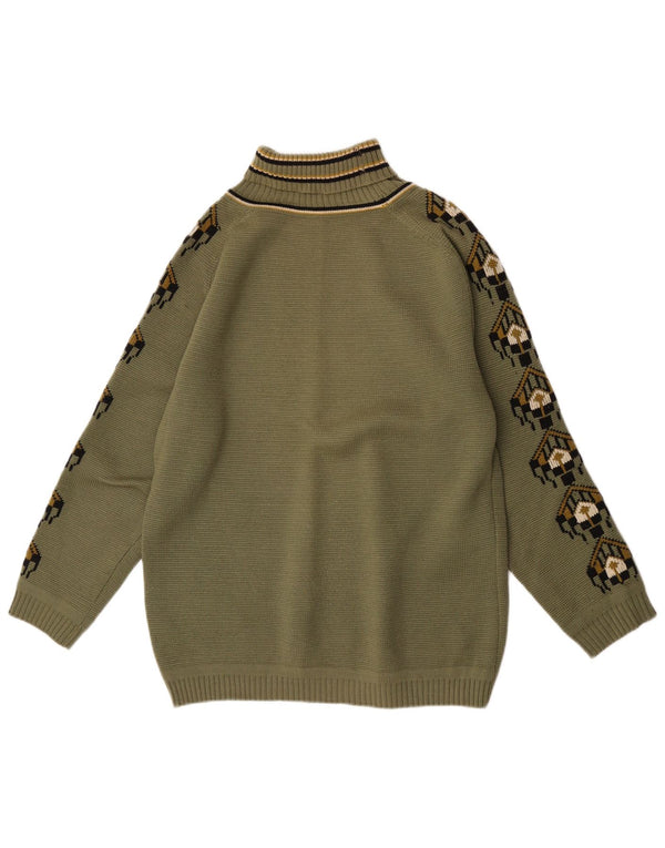 Maglione maglione vintage da donna con collo alto IT 52 XL Lana geometrica kaki