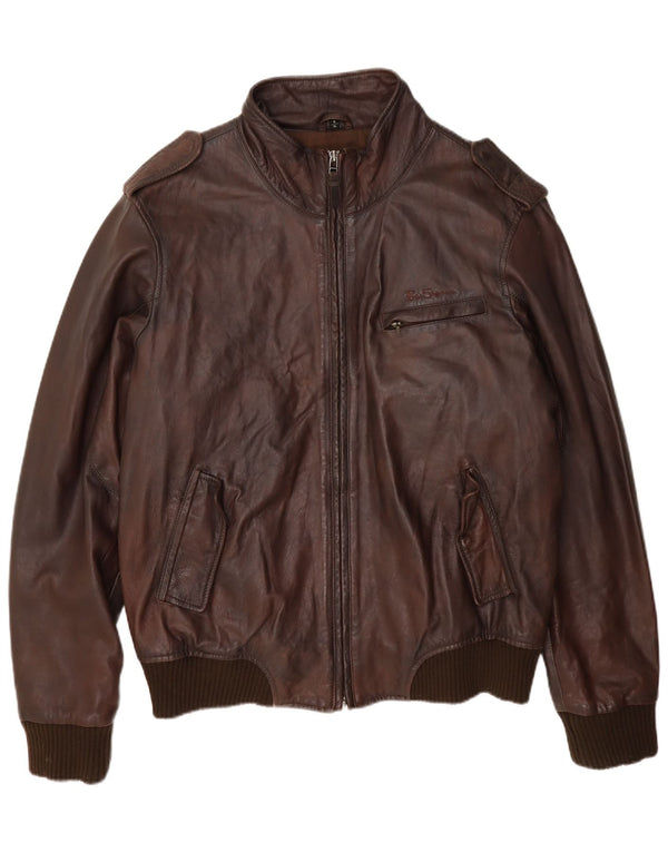 Ben Sherman Mens Military Leather Jacket UK 42 XL Brown