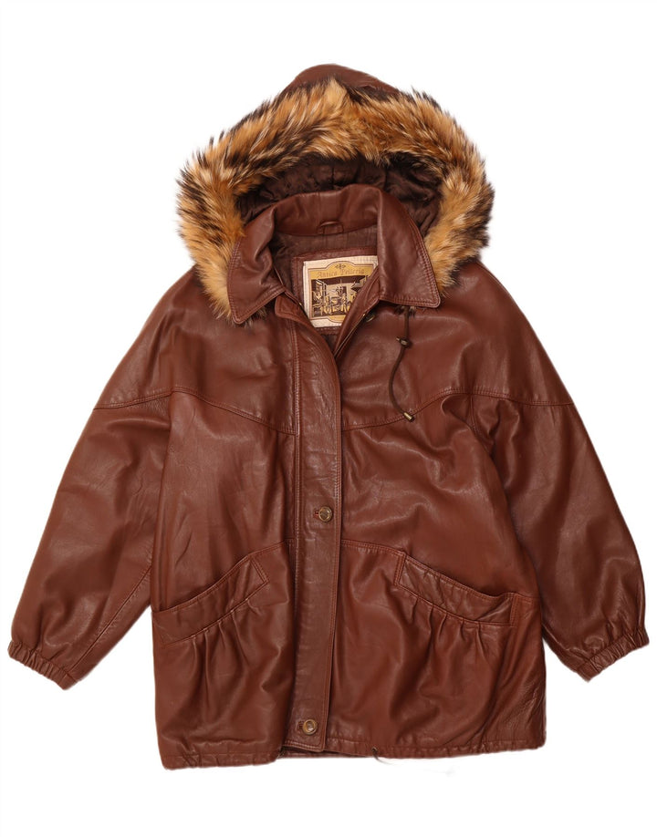 ANTICA PELLERIA Womens Oversized Hooded Jacket IT 44 Medium Brown Leather