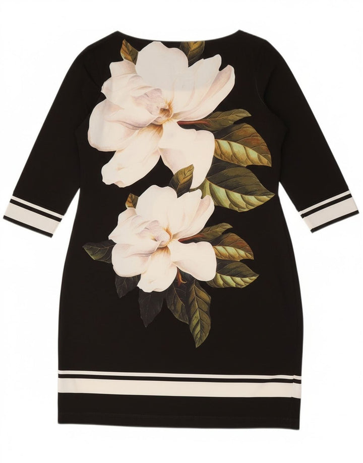 Wallis Womens 3/4 Sleeve Sheath Dress US 8/10 Medium Black Floral Polyester