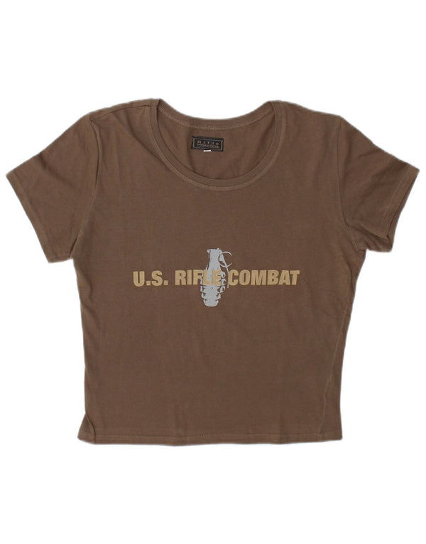 Rifle Womens Crop Graphic T-Shirt Top UK 16 Large Brown Cotton