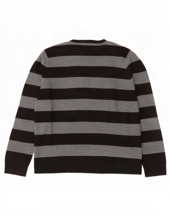 Marks & Spencer Mens V-Neck Jumper Sweater Large Grey Striped Acrylic