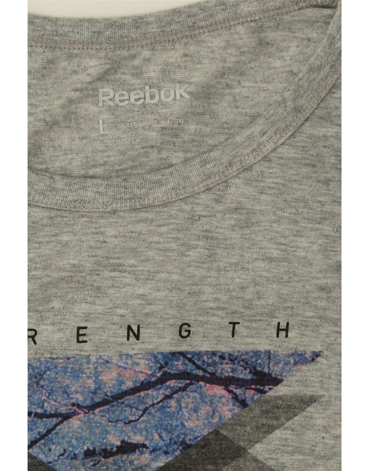 REEBOK Womens Longline Graphic Top Long Sleeve UK 14 Medium Grey Flecked Vintage Reebok and Second-Hand Reebok from Messina Hembry 