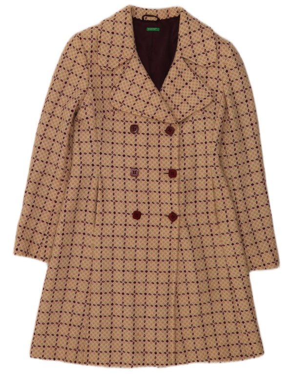 Benetton Womens Double Breasted Coat IT 42 Medium Beige Check Wool