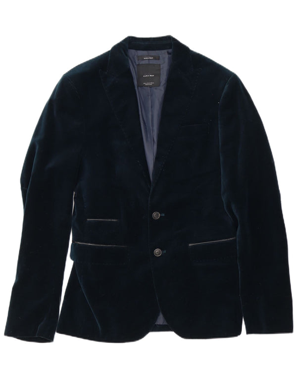 Zara Mens 2 Button Velour Blazer Jacket EU 46 Small Navy Blue Polyester