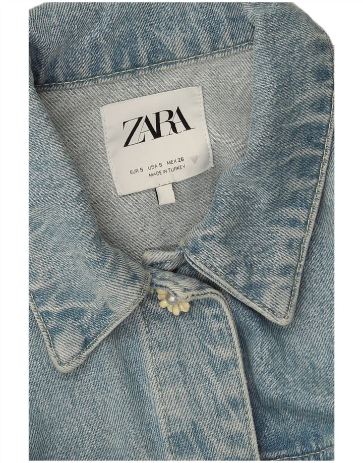Zara Damen Crop Denim Jacke UK 10 Small Blue Patchwork