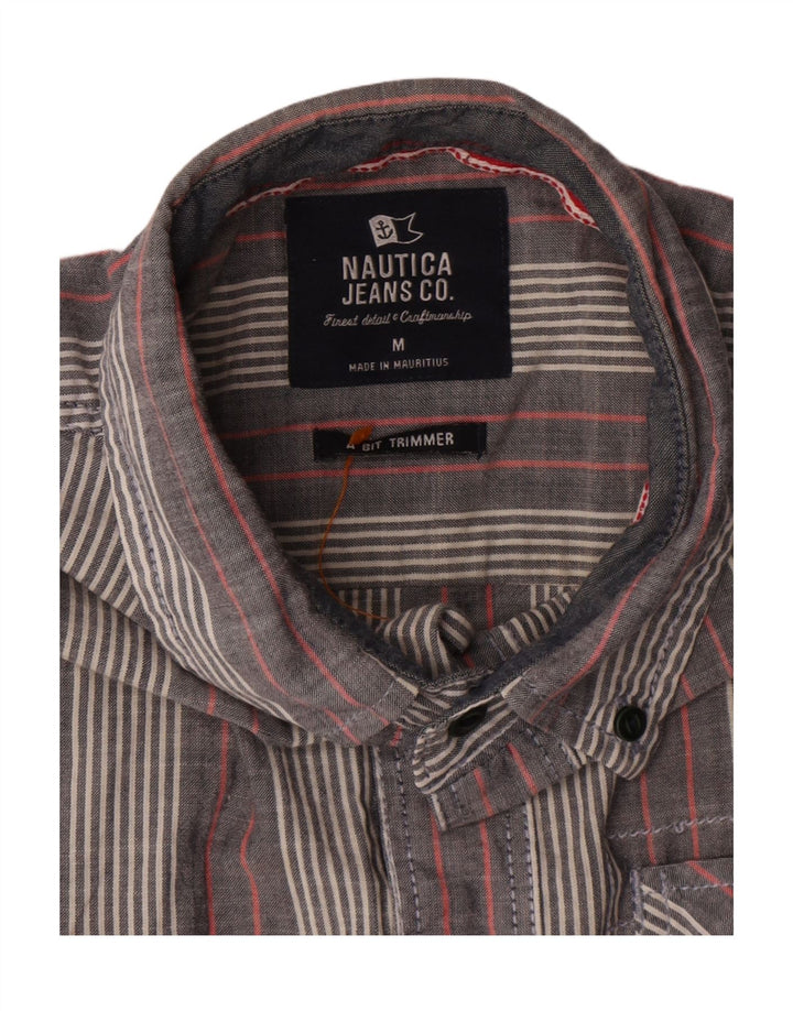 Nautica Mens Short Sleeve Shirt Medium Grey Striped Cotton