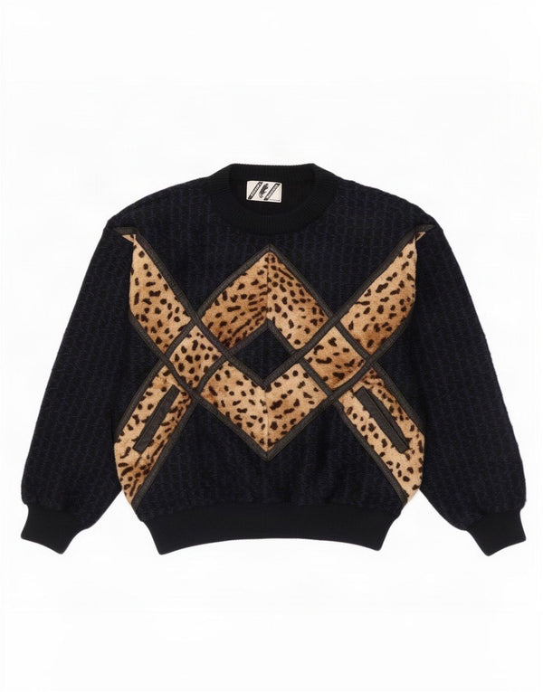 Vintage Dame Crew Neck Jumper Sweater UK 16 Large Black Animal Print