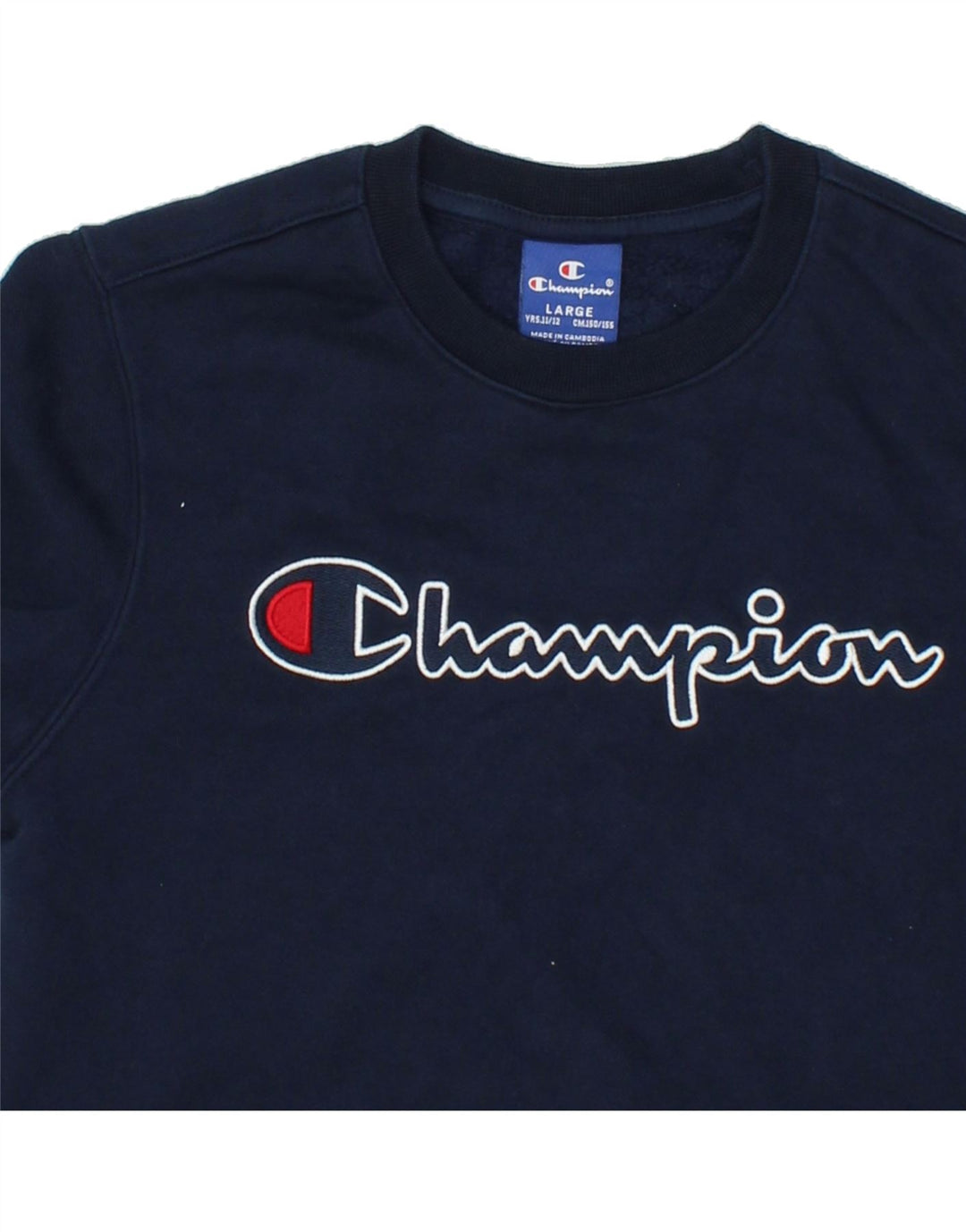 CHAMPION Boys Graphic Sweatshirt Jumper 11-12 Years Large Navy Blue Cotton | Vintage Champion | Thrift | Second-Hand Champion | Used Clothing | Messina Hembry 