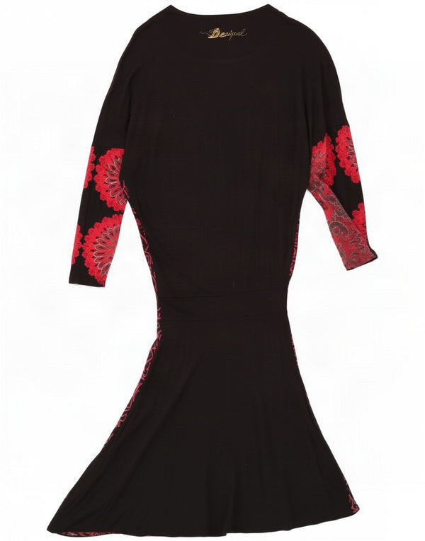 Desigual Damen Langarm-A-Linien-Kleid UK 14 Mittelschwarze Viskose mit Blumenmuster