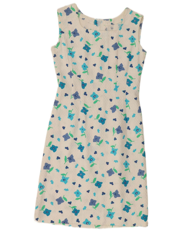 Abito tubino senza maniche vintage da donna UK 12 medio bianco floreale