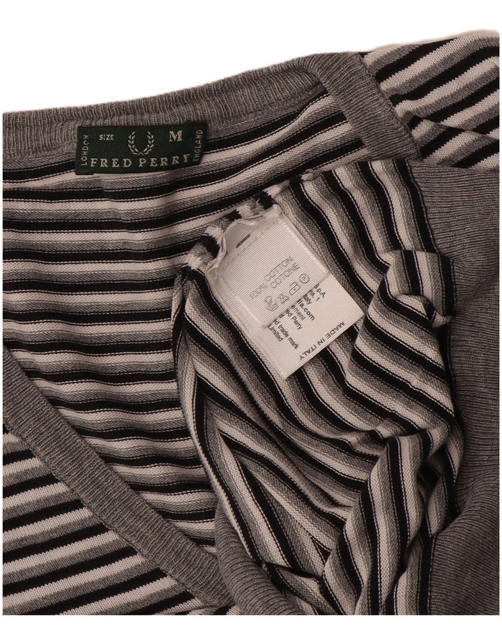 Fred Perry Womens V-Neck Jumper Sweater UK 14 Medium Grey Striped Cotton