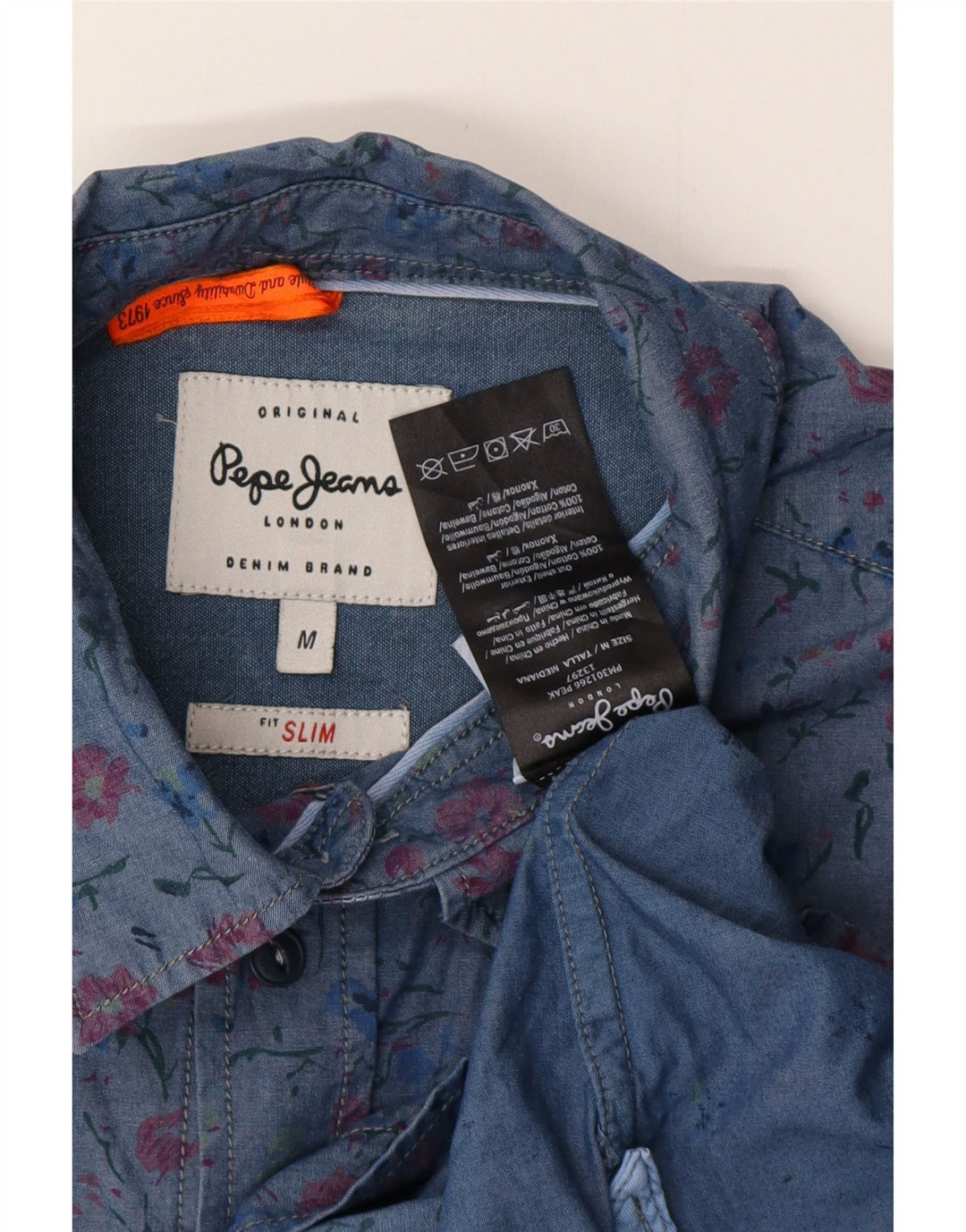 PEPE JEANS Mens Slim Shirt Medium Blue Floral Cotton