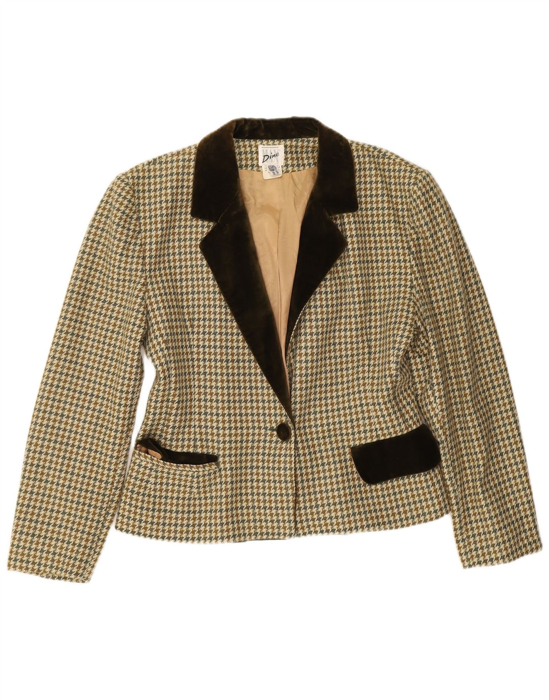 vintage Femme 1 Bouton Blazer Veste EU 38 Pied-de-poule Beige Moyen