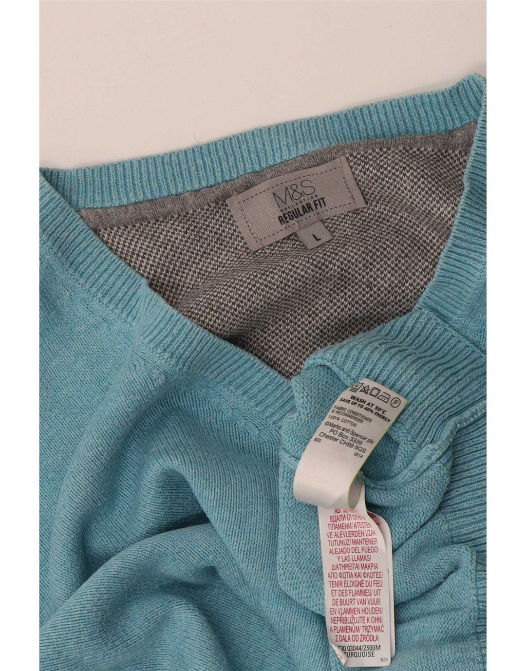 Marks & Spencer Mens Regular Fit V-Neck Jumper Sweater Large Blue Cotton