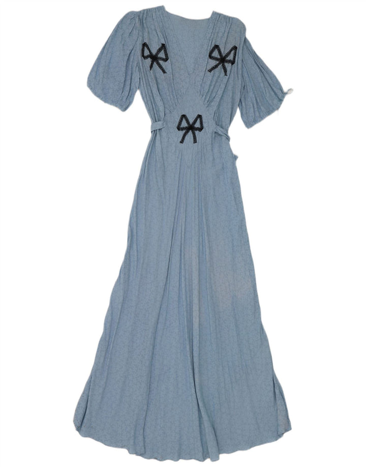 Abito lungo da donna vintage UK 12 floreale blu medio